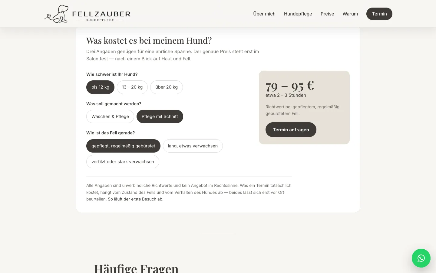 Price estimator: weight, service and coat condition give a range