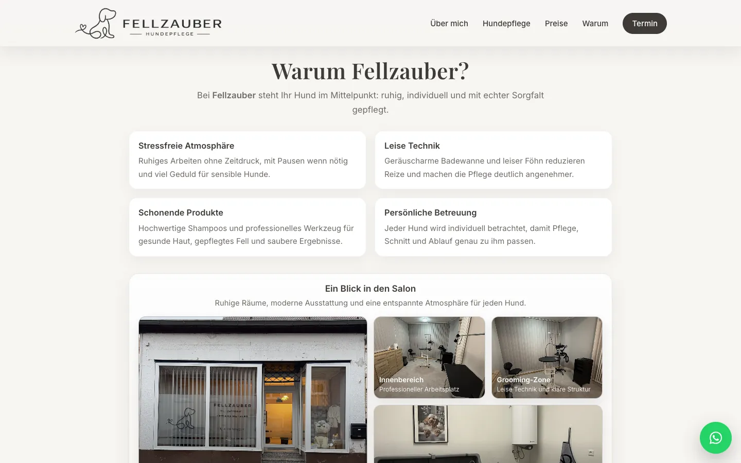 “Warum Fellzauber?” and photos of the salon