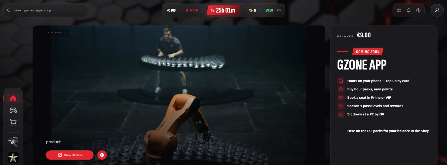 Club PC home in the Gzone skin: balance and the Gzone app card