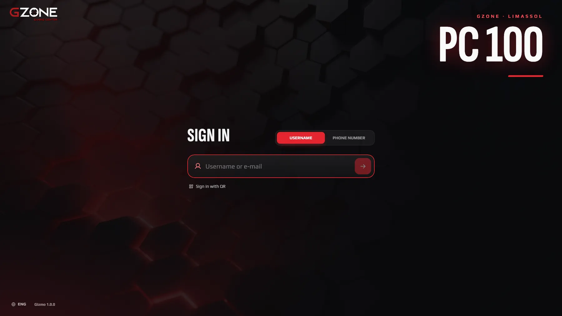 Gzone login screen on a club PC