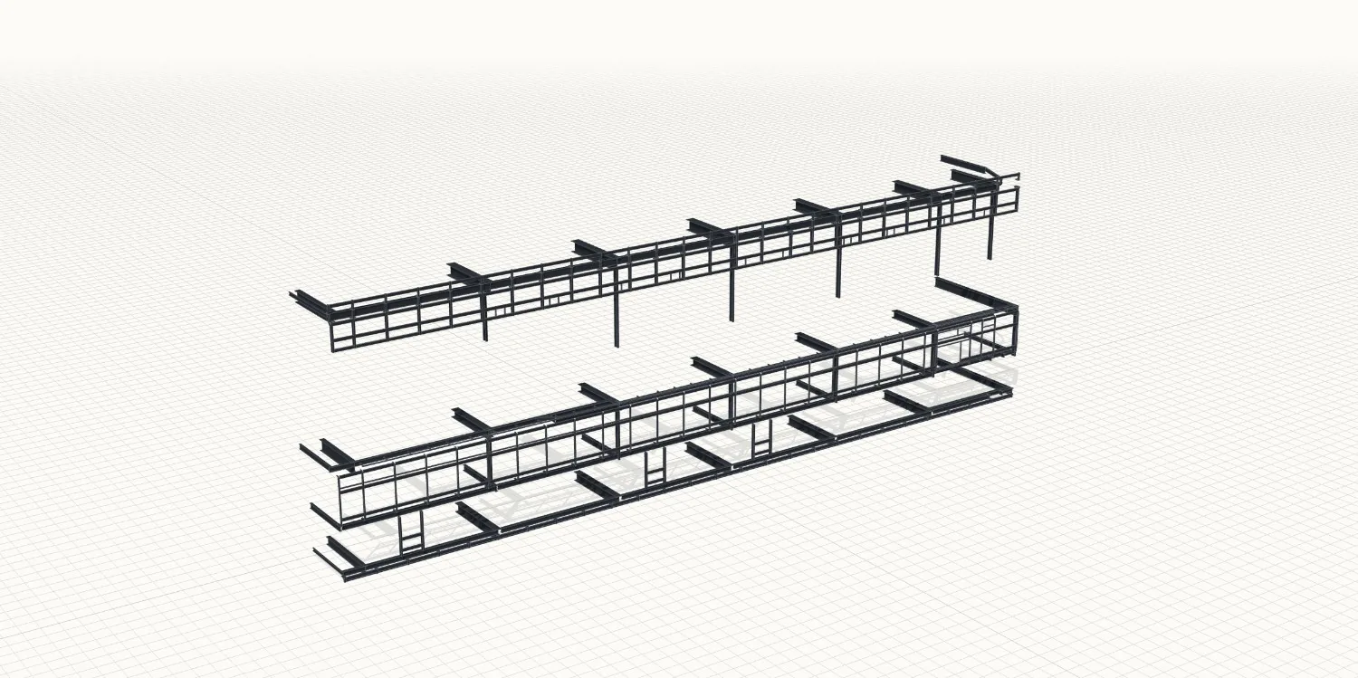 A building sub-frame from the client's Tekla Structures model: 1,202 elements, 52.5 m long. Drag to turn it.