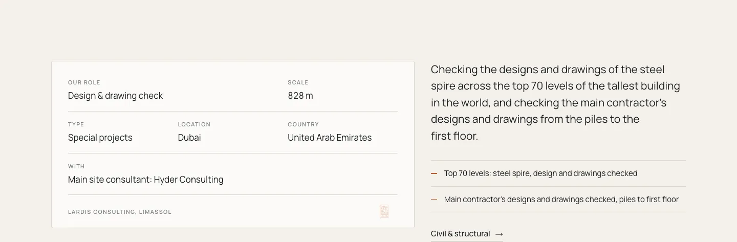 Project facts in a title-block layout: role, scale, location, partner