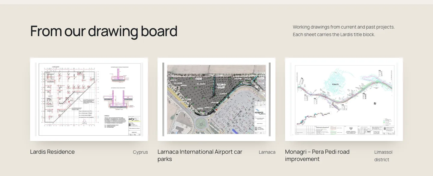 Home page section with the practice's working drawings