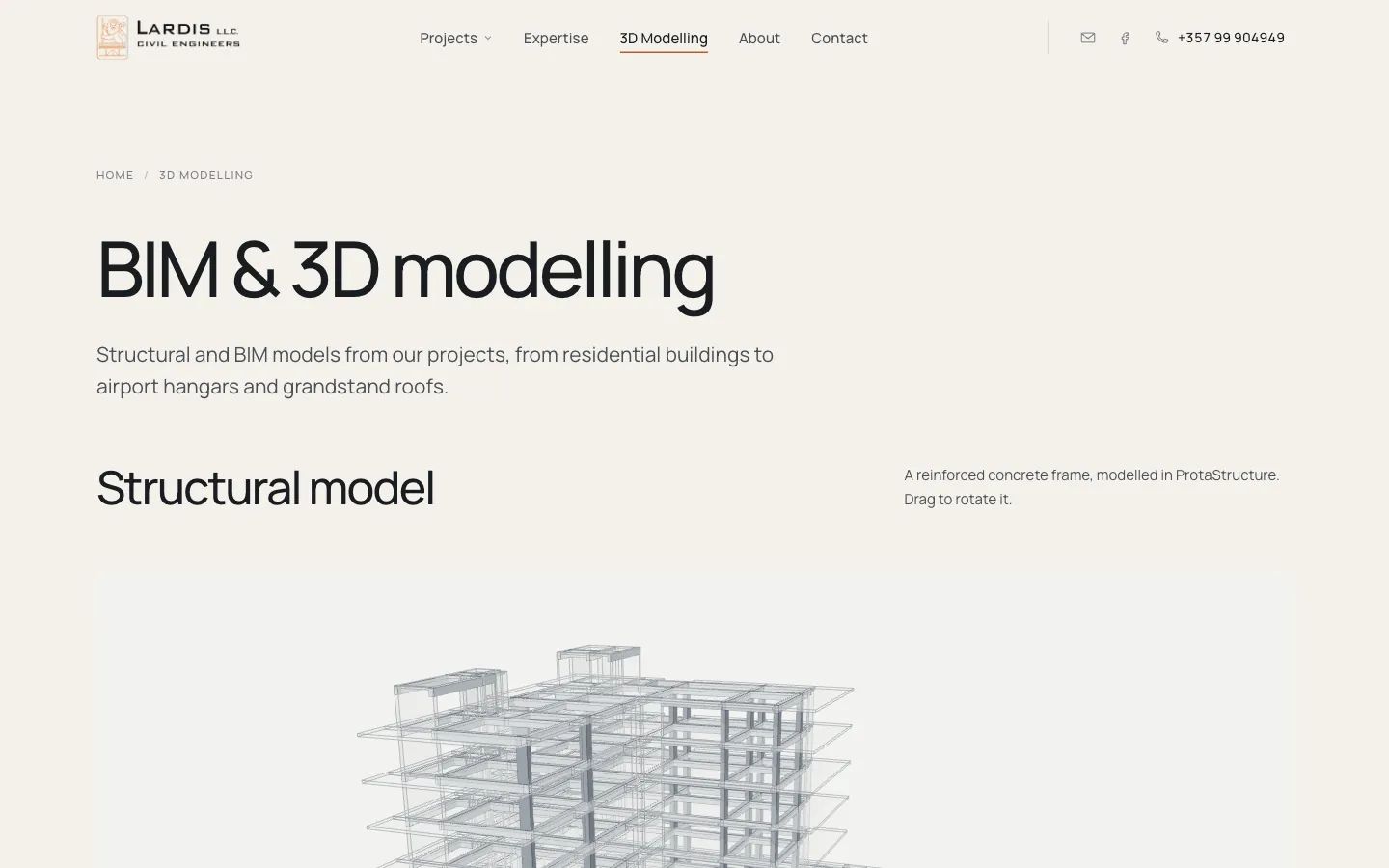 BIM and 3D modelling page with a structural model