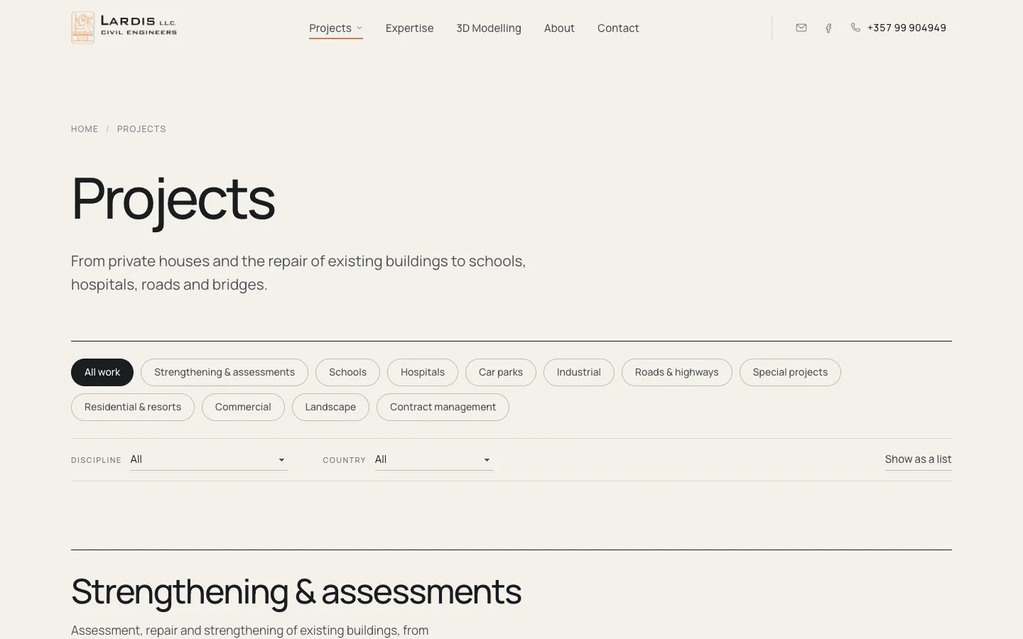 Projects catalogue with type, discipline and country filters