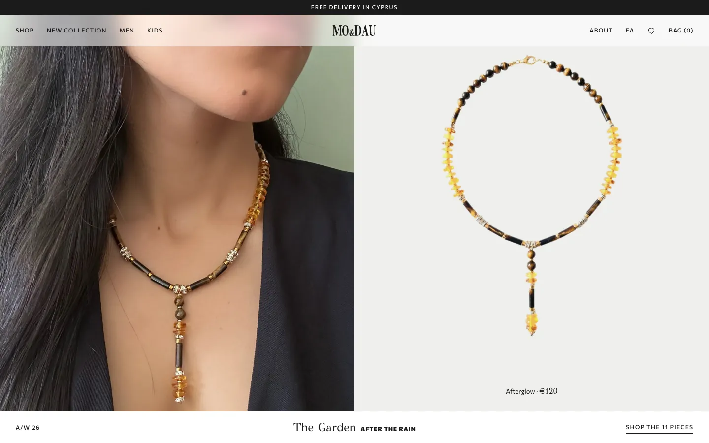 Home page: the Afterglow necklace on a model next to the flat lay