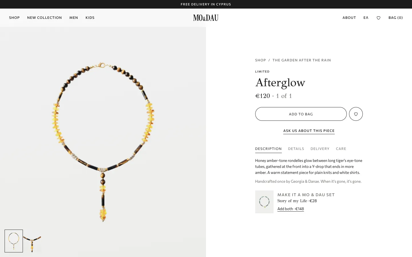 Product page: Afterglow necklace with description and delivery tabs