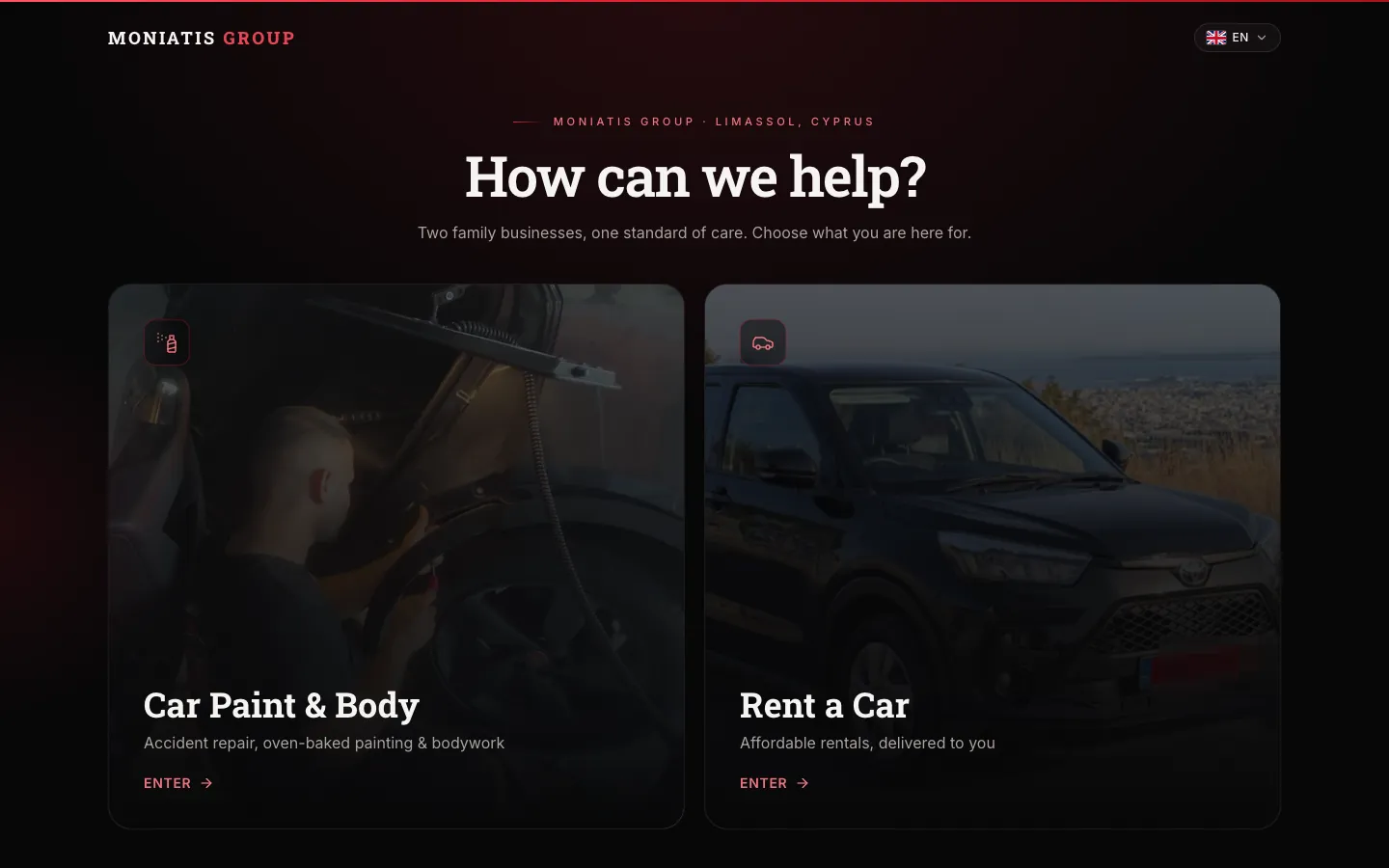 First screen: choose Car Paint & Body or Rent a Car