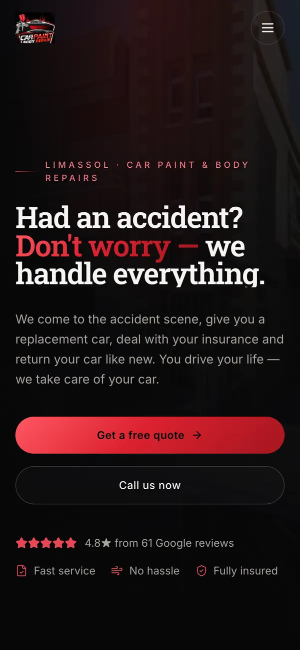 Body shop page on a phone: “Had an accident? Don't worry”