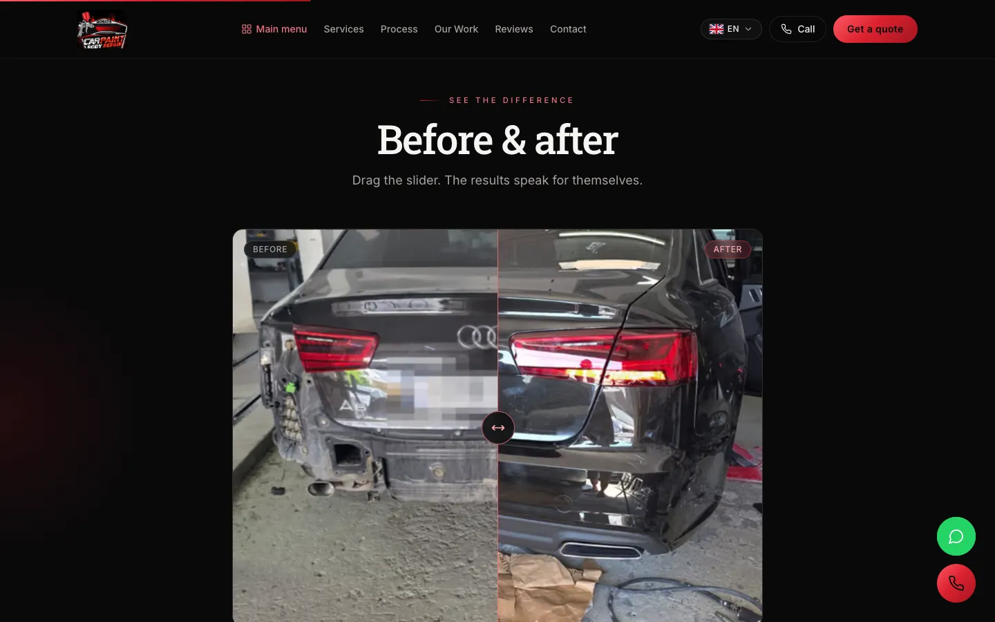 Before/after slider with a repaired car from the workshop