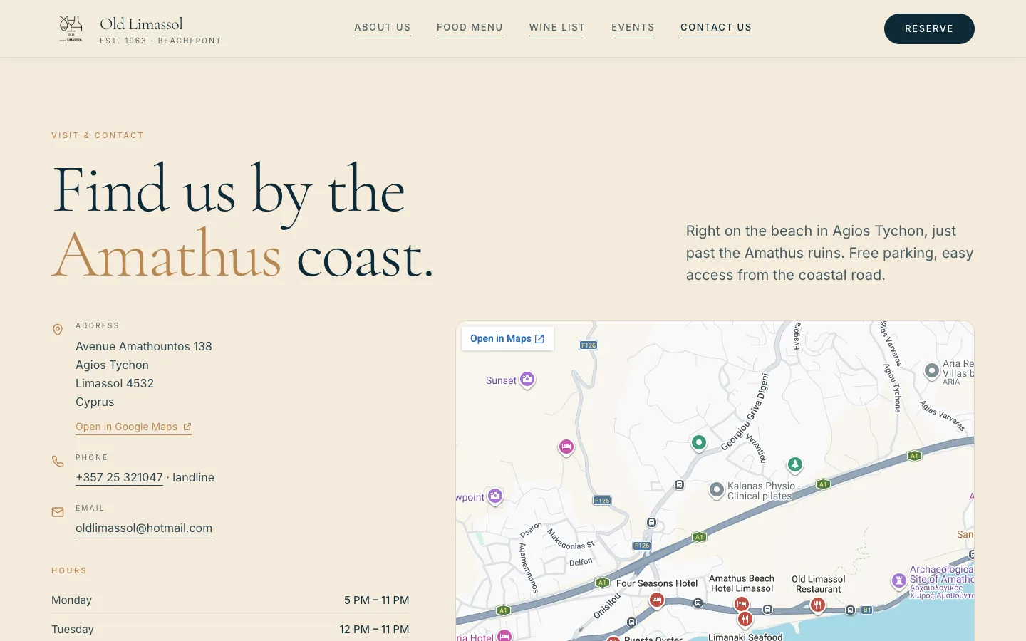 Contact page with the map, address and hours