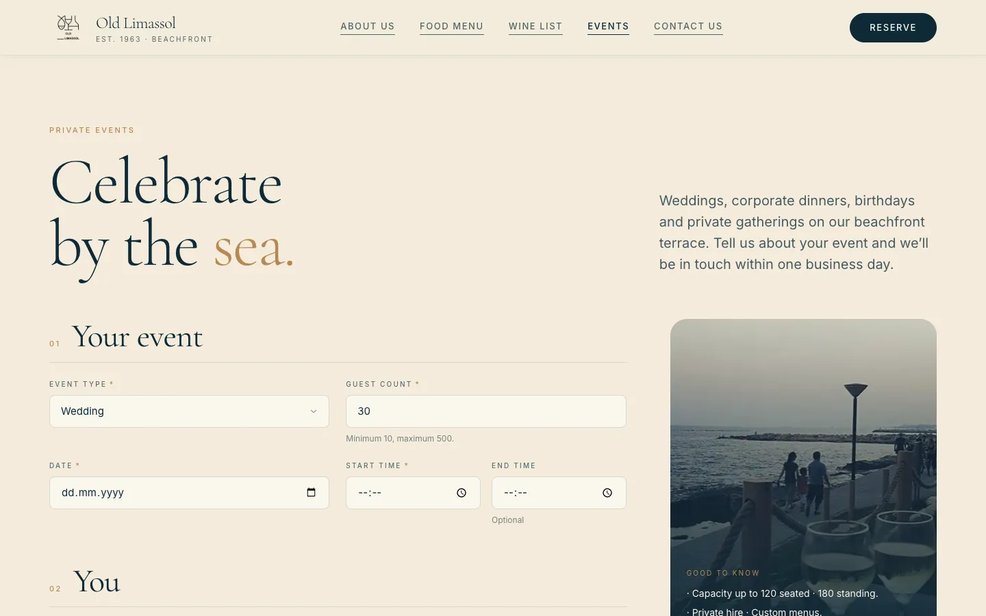 Private events page with a request form