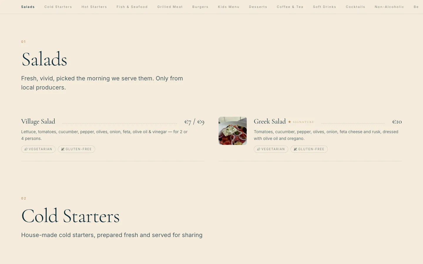 Menu: salads with prices and dietary tags