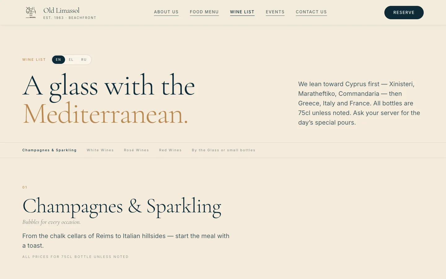 Wine list, opening with champagnes and sparkling