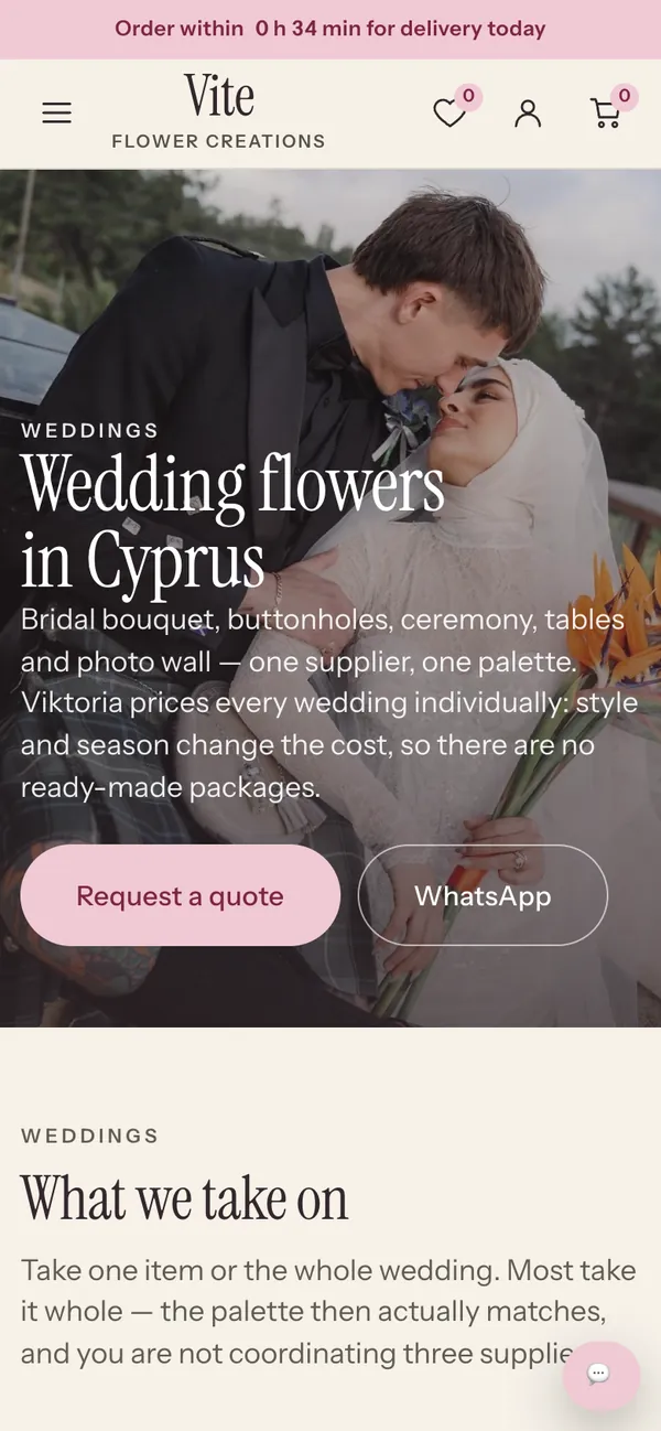 Wedding flowers page on a phone